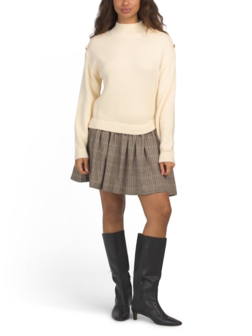 ZOE & CLAIRE Mini Mixed Media Sweater Dress With Button Detail